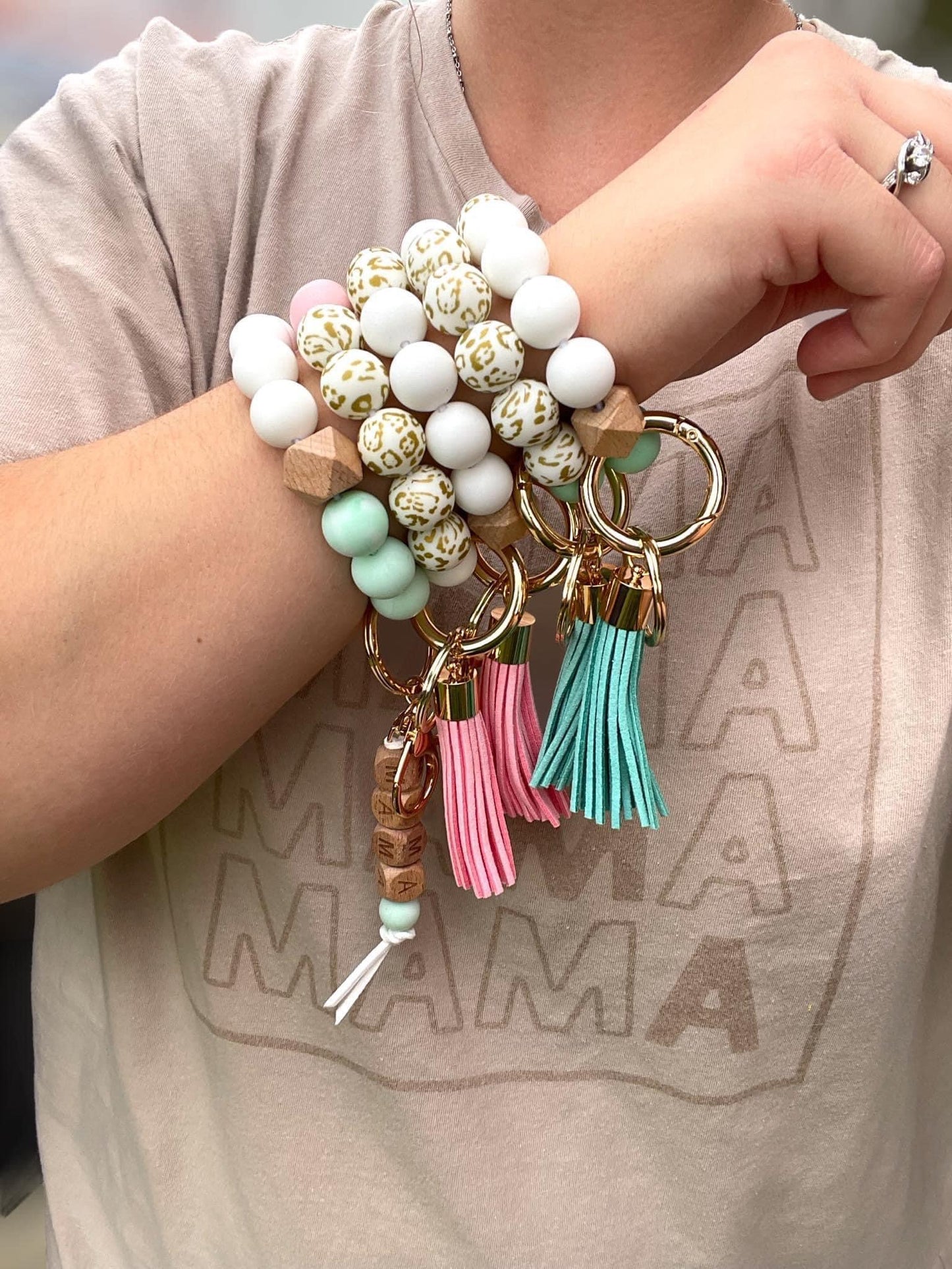 Silicone and Wood Beaded Keychain
